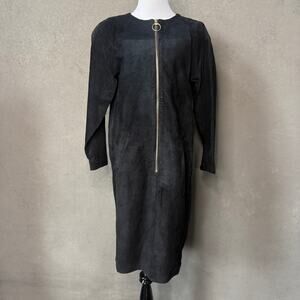 Vtg Margaret Godfrey Black Suede Leather Midi Dress Size 6 Full Zip Long Sleeve